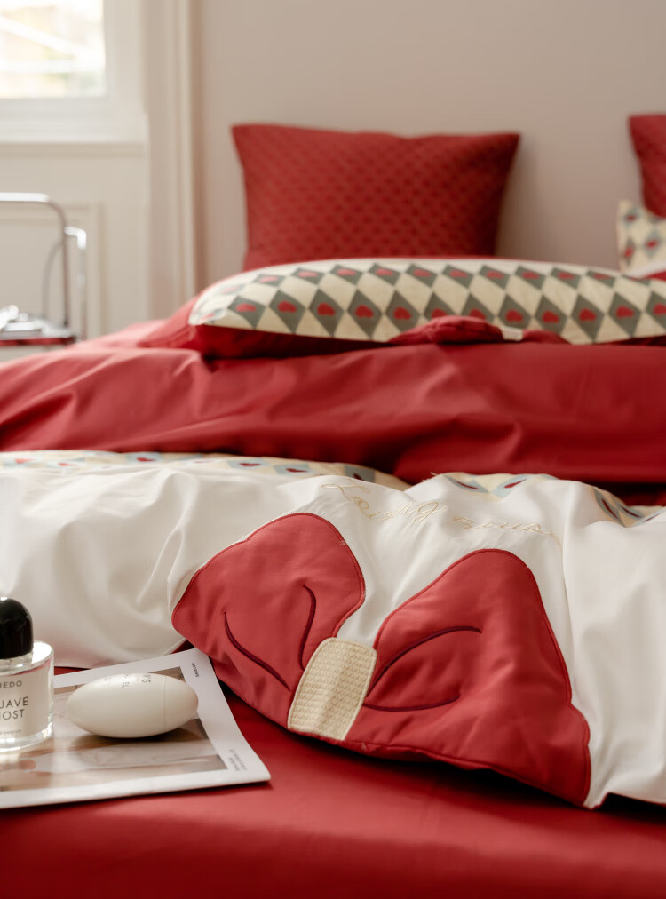 老裁缝家纺四件套公主红色结婚庆四件套100支长绒棉喜被床品1.