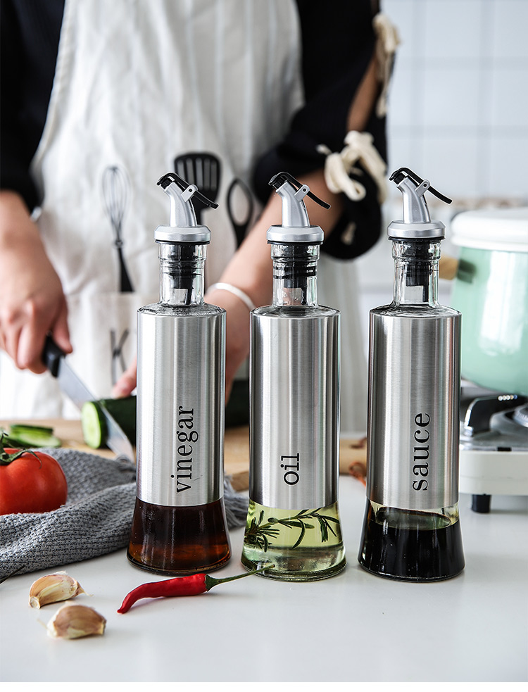 厨房家用玻璃不锈钢防漏油壶油瓶调味瓶醋壶按压酱油瓶送长辈送女友送