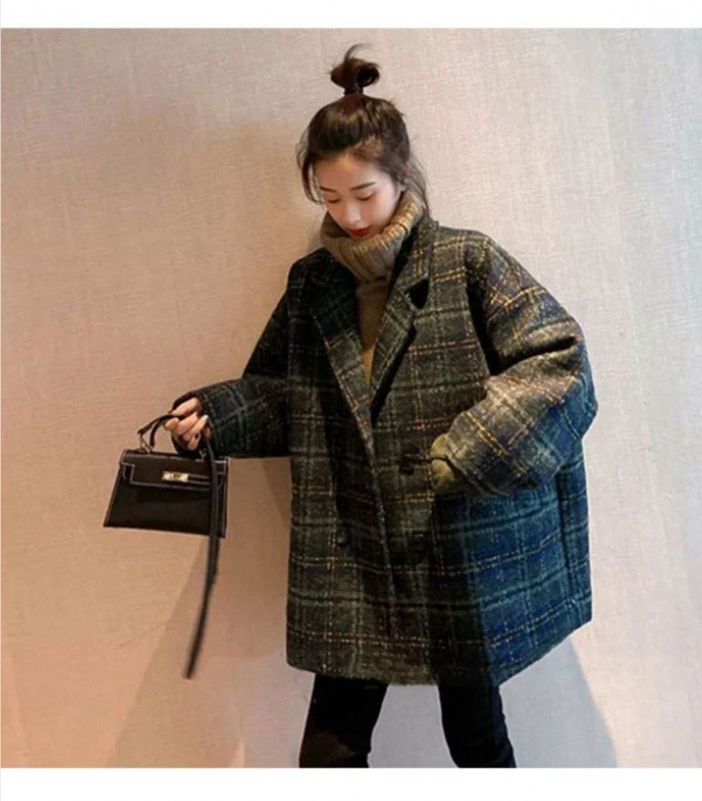 月袖2021春秋款韩版宽松格子毛呢外套短款小个子学生女西装呢子大衣墨