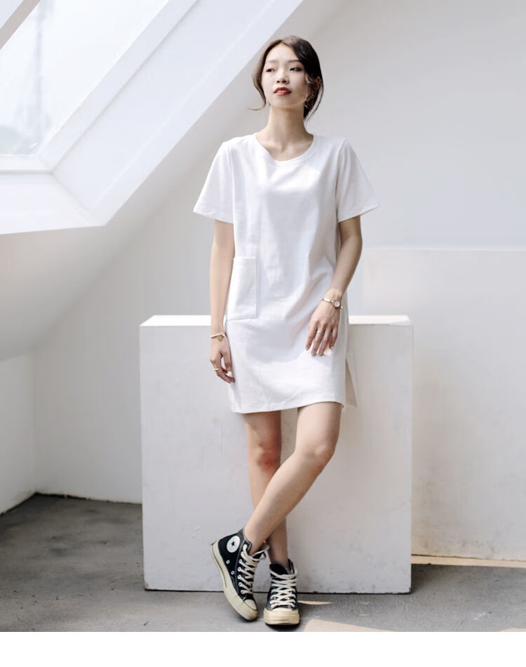 广州石井肩宽显瘦上衣t恤中长款宽松气质t恤胖连衣女仙女侧开13行短袖