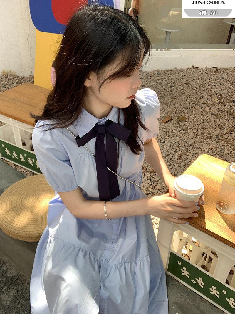 镜莎夏季女生短袖蓝色连衣裙子夏天学生高中生初中生女装2022新款女