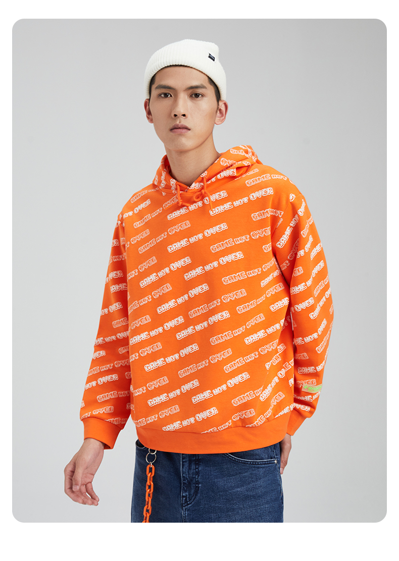 erke鸿星尔克卫衣春秋季新款男女满印潮流休闲连帽套头正黑xxl