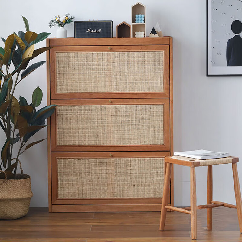 日式藤编透气鞋柜用小户型门口玄关柜实木侘寂风翻斗储物柜 胡桃木色