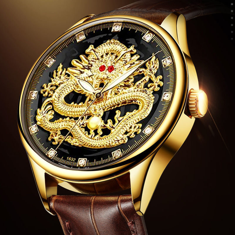 全自动机械【低价捡漏】自动机械手表男双日历夜光防水男士表 中国龙