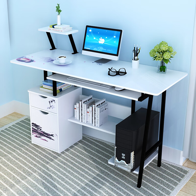 型组装带抽屉办公桌书桌8901200带抽屉简易电脑桌 一米有层板青花瓷