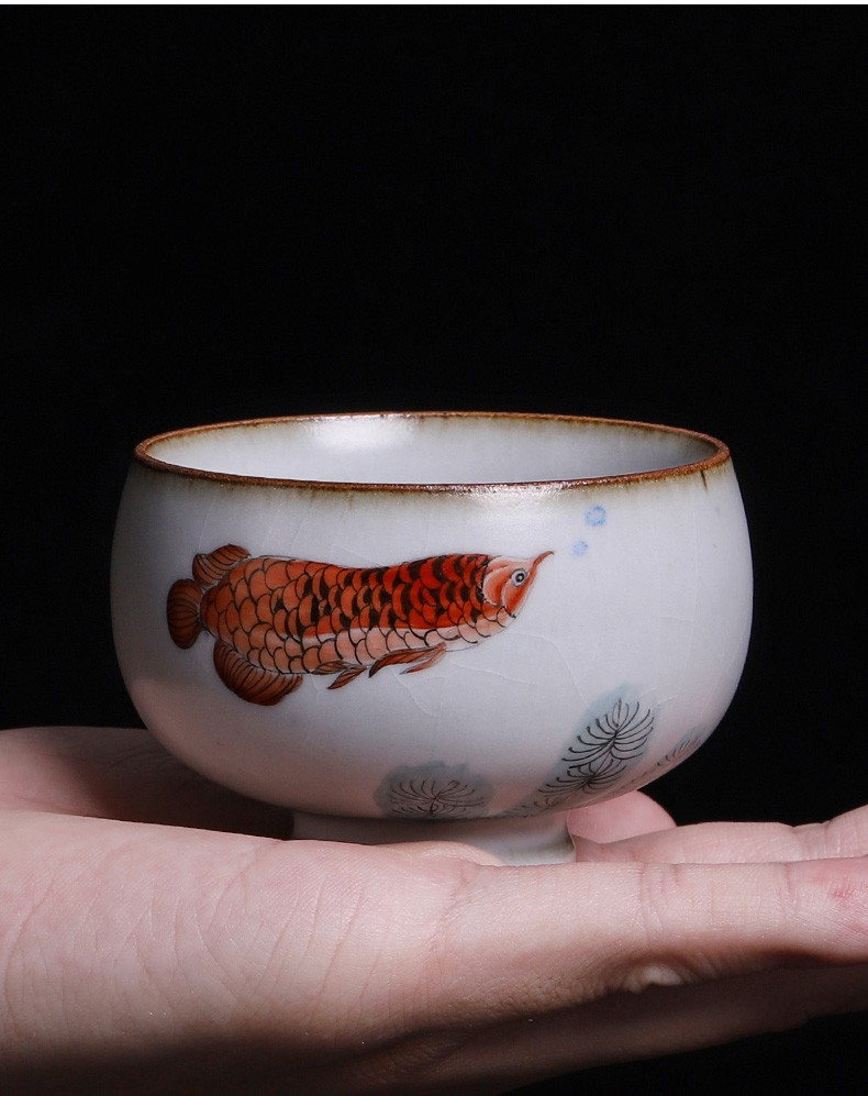 景德镇手绘金龙鱼主人茶杯创意个性单杯纯手工中国风功夫茶小茶杯汝窑