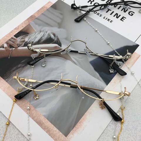 心墨染新品金丝眼镜链子抖音网红同款下半框无镜片眼镜框架女带链条