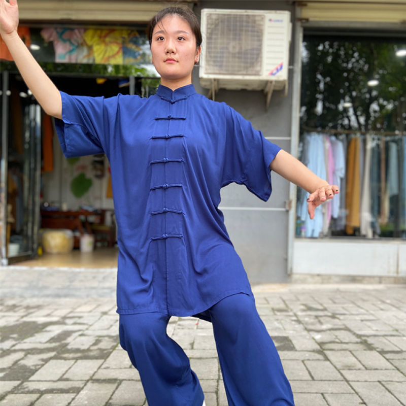 太极服棉春夏季练功棉绸透气长袖表演服中老年男女太极拳服装黑色短袖