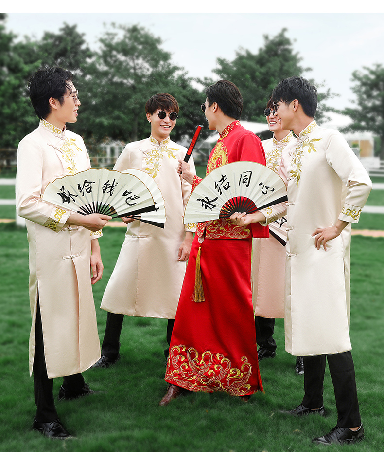 伴郎服套装中式兄弟装伴娘礼服男士香槟色国风姐妹团兄弟结婚女秀禾