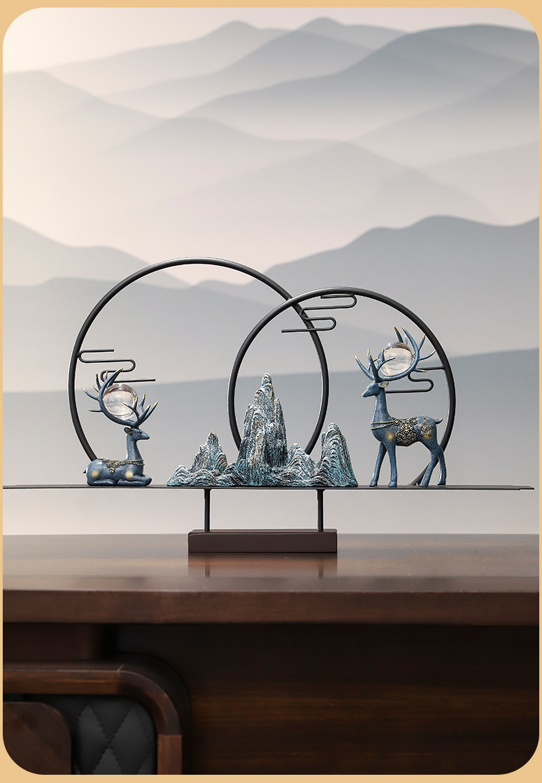 中式软装饰品玄关客厅家居办公室摆件鹿书柜工艺品高端礼 福鹿双迎