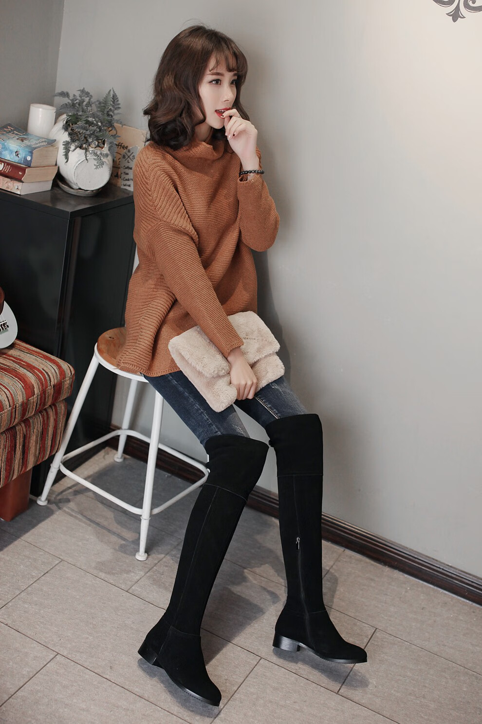 翻毛皮长靴磨砂皮长筒靴反毛皮女式磨砂长筒靴磨砂皮女靴长筒女款秋冬