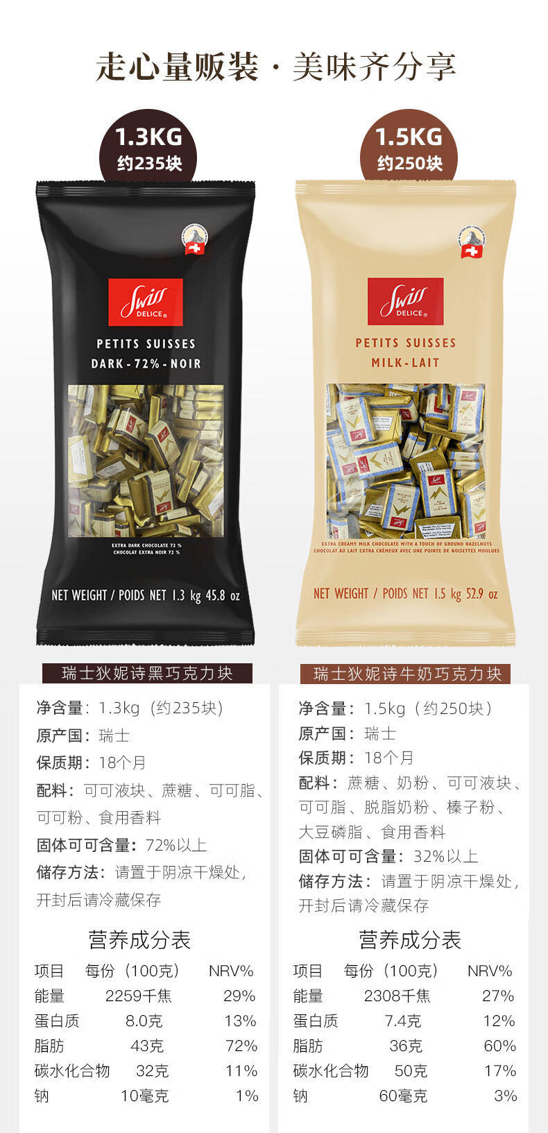 瑞士swissdelice狄妮诗72%黑巧克力块1.