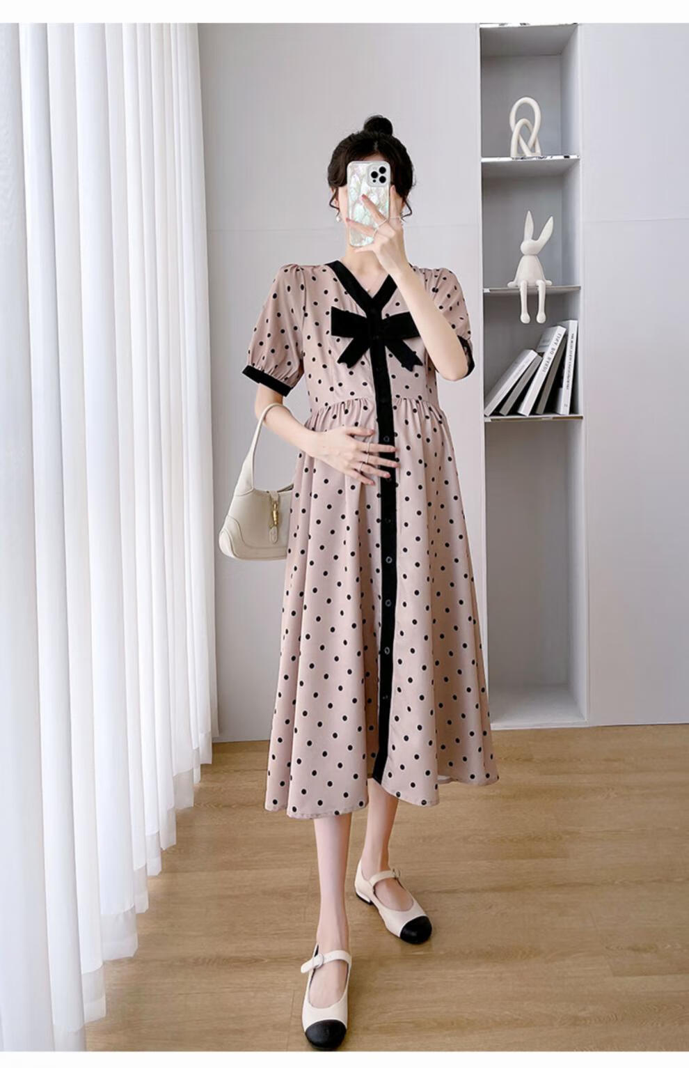 南极人孕妈妈淑女通勤裙子v领蝴蝶结短袖雪纺圆点孕妇装连衣裙遮肚