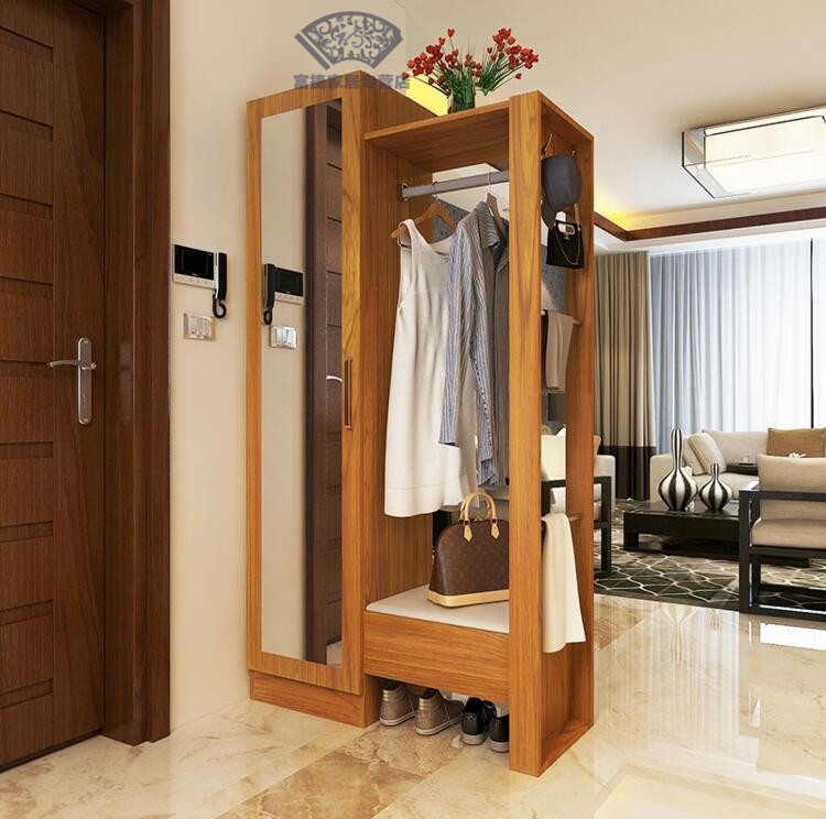 鞋柜衣柜一体门厅进门鞋柜衣帽柜实木色玄关组合柜带穿衣镜挂衣架 80