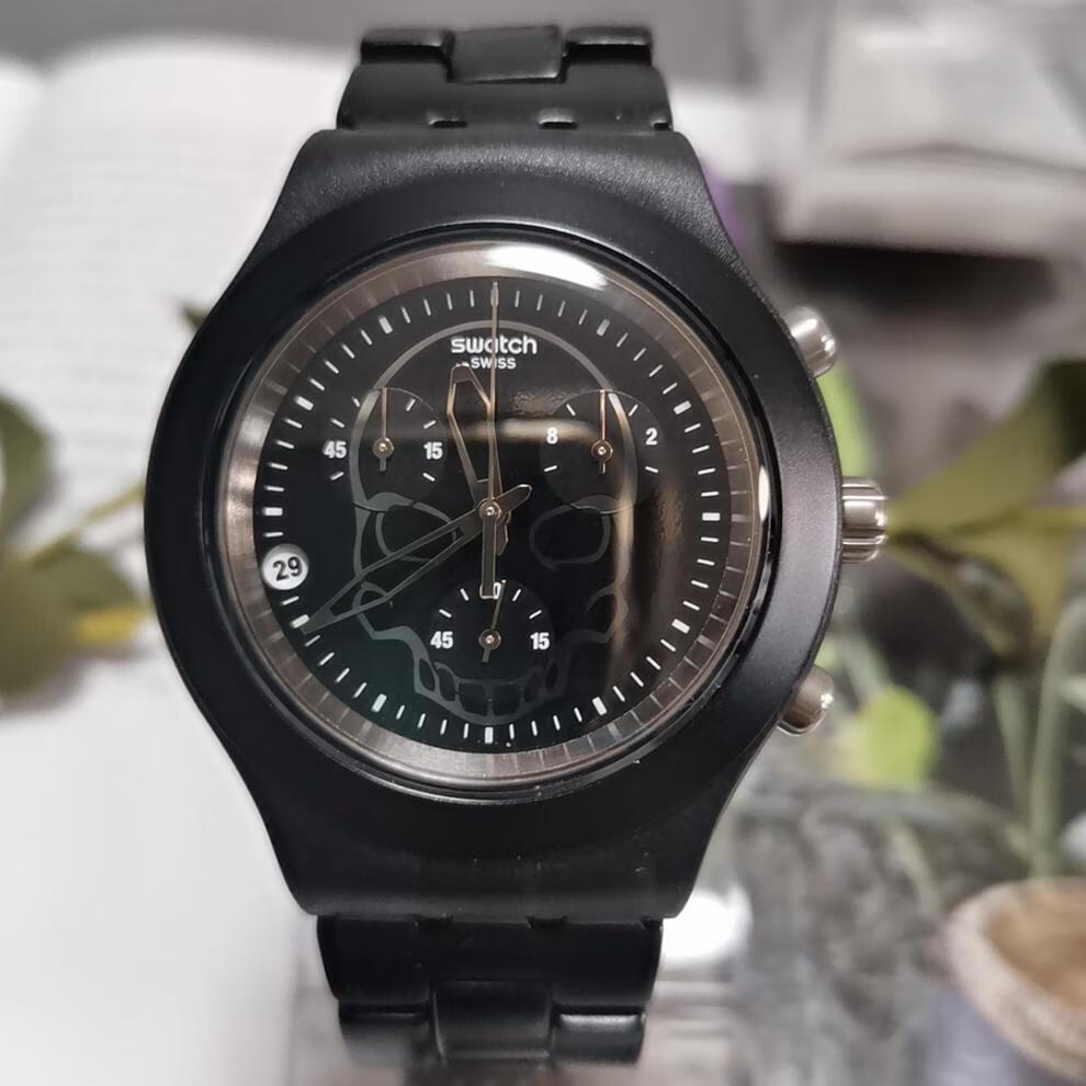 斯沃琪swatch瑞士手表中性铝带超轻三眼多功能大表盘石英手表黑色