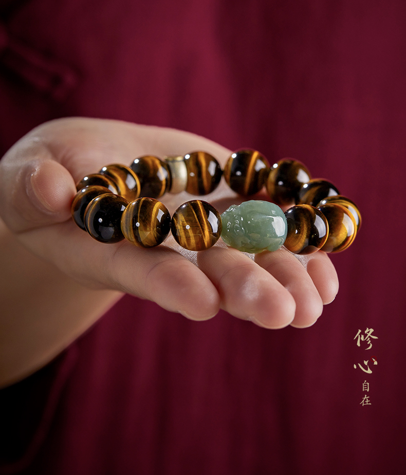 轩野 黄虎眼石手串男 虎晴石和田玉貔貅本命佛盘文玩佛珠手链女 金蓝