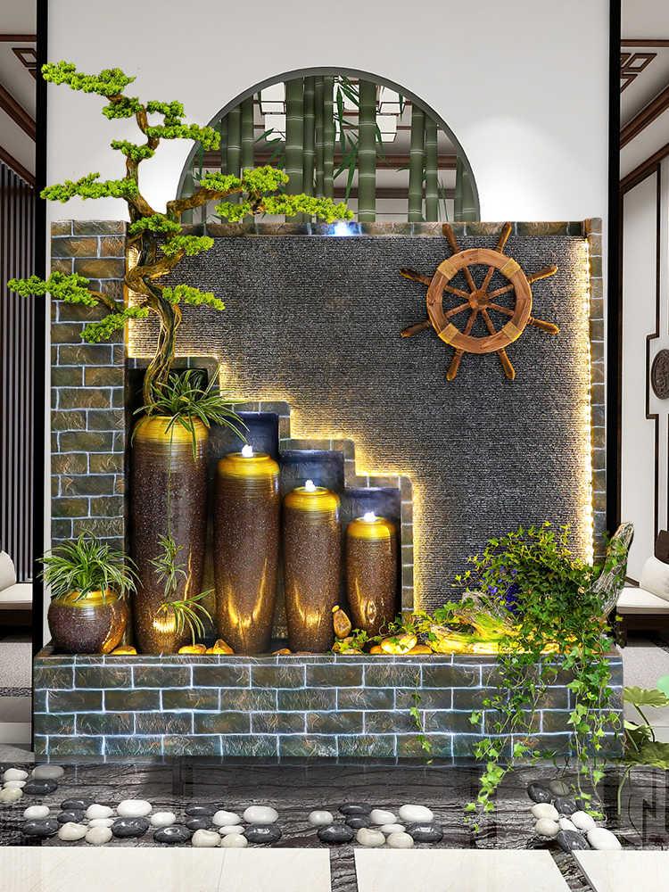 茶楼摆件 新中式庭院水景流水墙水幕假山喷泉装饰茶楼会所入户花园