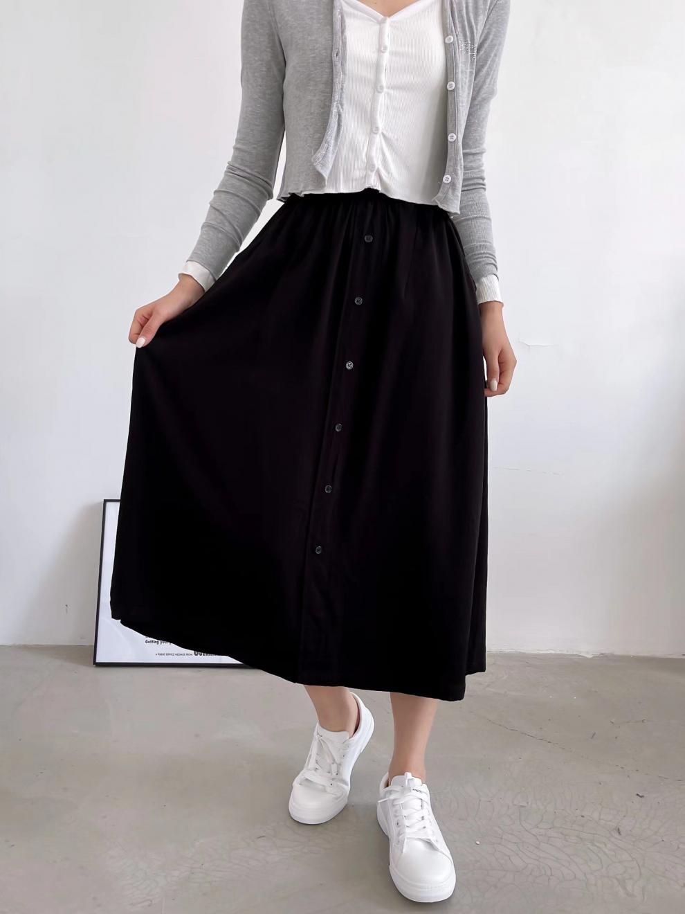 棉绸半身裙季女士中长款高腰过膝伞裙宽松垂感人造棉a字型裙子 藏蓝色