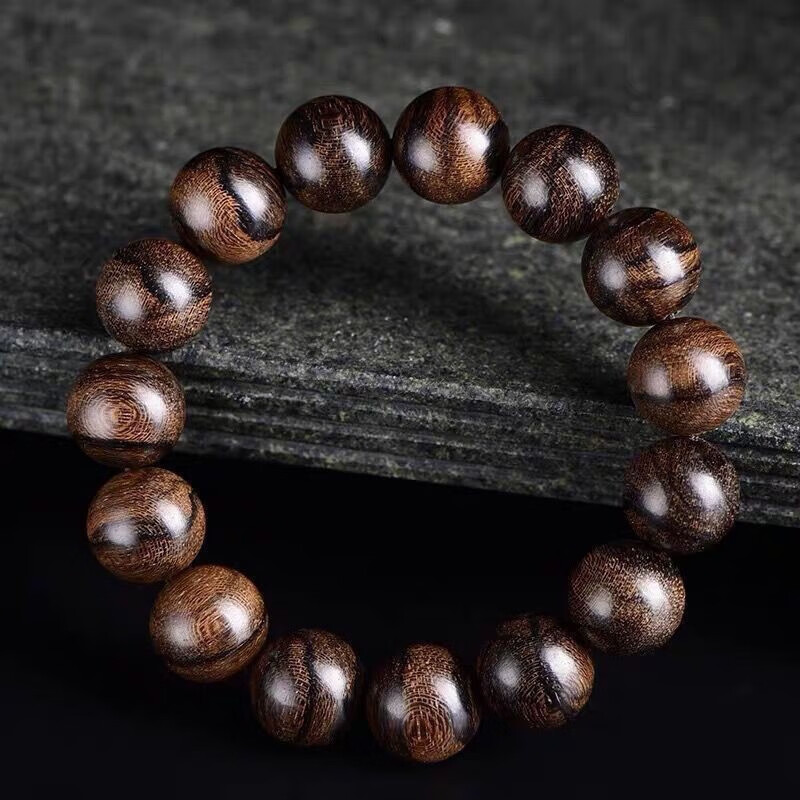 早稻田 附带证书越南芽庄沉香手串虎斑纹手串沉水级老料佛珠手链男款