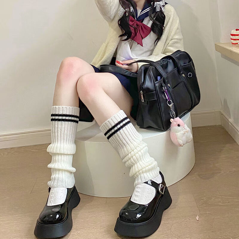 日系软妹欲堆堆袜套冬季保暖毛线针织中筒袜子jk制服条纹小腿袜蝴蝶结