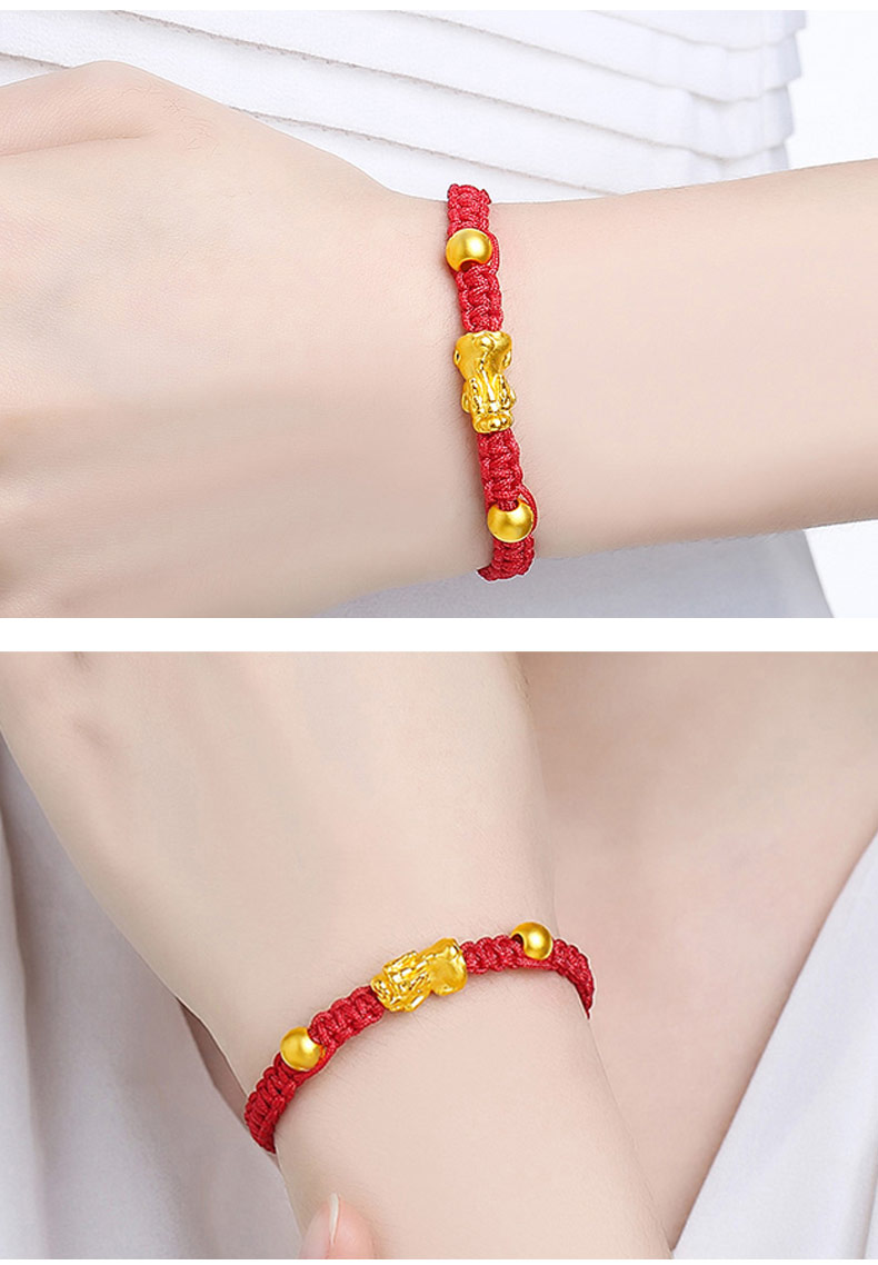 老凤凰3d硬足金手链黄金貔貅金珠编织红绳女款手链情侣硬金手链黄金