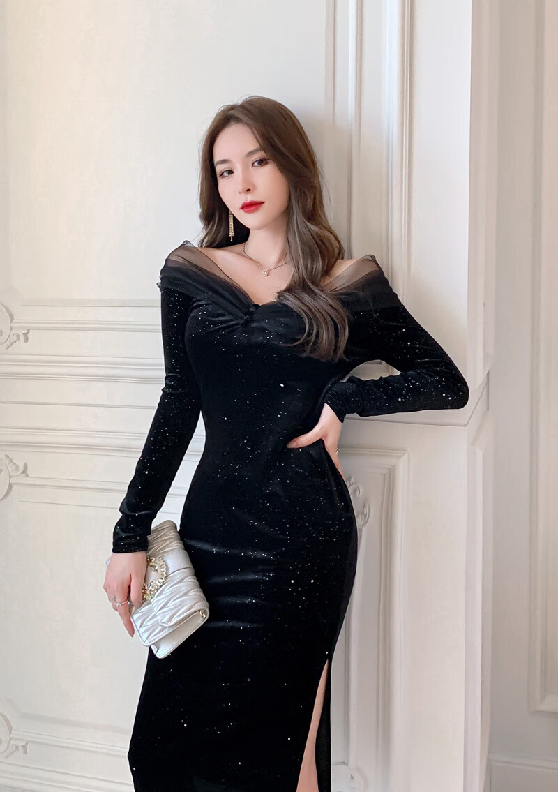 lnsn 轻奢品牌一字肩抹胸丝绒晚礼服裙女性感露臀名媛年会高贵网纱