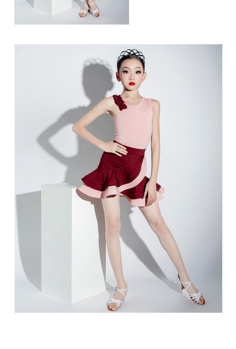 拉丁舞服装2022夏季新款女童练功服儿童比赛表演舞蹈裙粉红枣红l