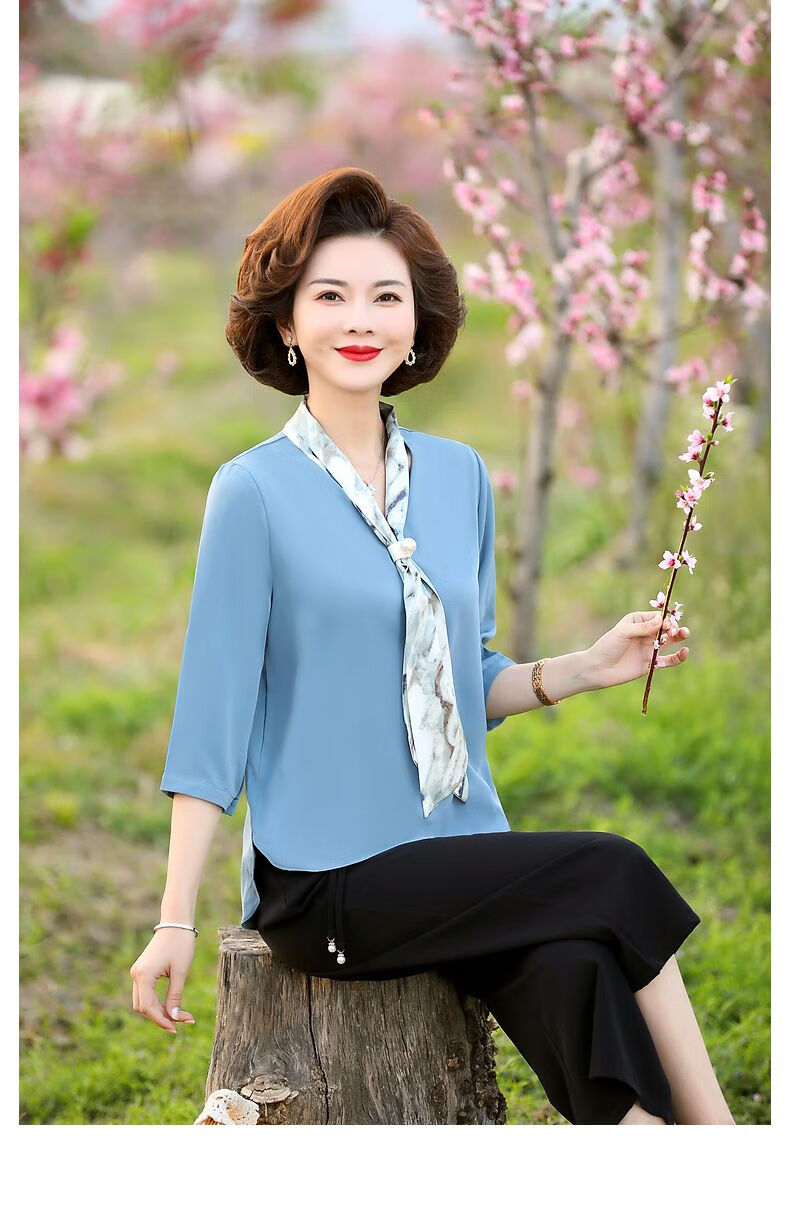 50岁左右的高档女夏装妈妈春装洋气雪纺t恤中年女气质母亲节上衣服中