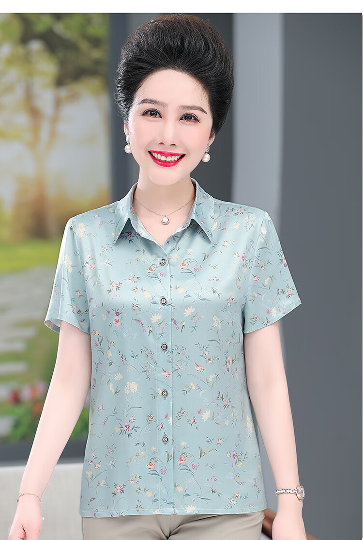 老太太真丝短袖桑蚕丝中年妈妈衬衫夏季女中老年人衬衣老奶奶上衣服