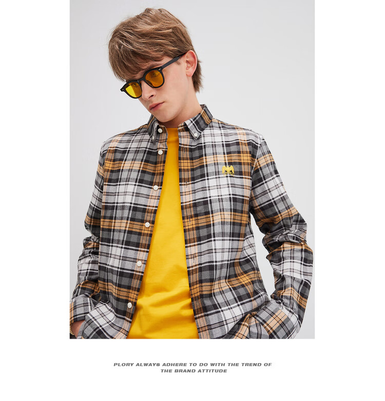 plory 秋冬新款欧美风格男士休闲格纹衬衫衬衣poycb4t02h 米色 185