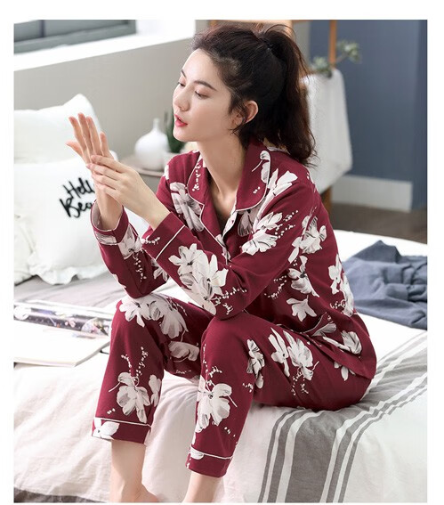 绿果 新款睡衣女春秋冬季长袖翻领纯棉大花朵开衫长裤女士家居服套装