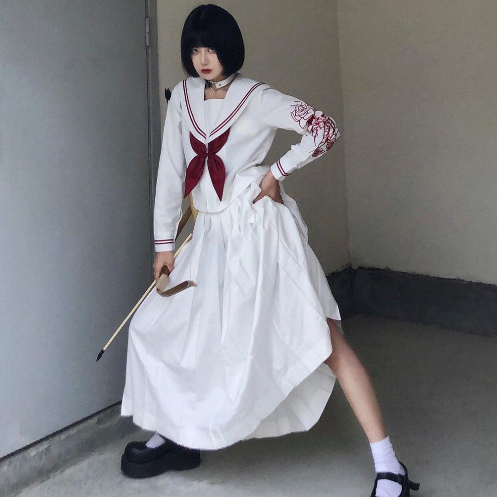 【神北jk】原创 鬼玫蝶 jk制服长裙不良少女暗黑刺绣水手服中间服