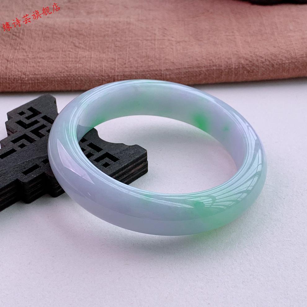 缘诗芸缅甸冰糯种飘花春彩玉手镯飘紫正圈手镯52号