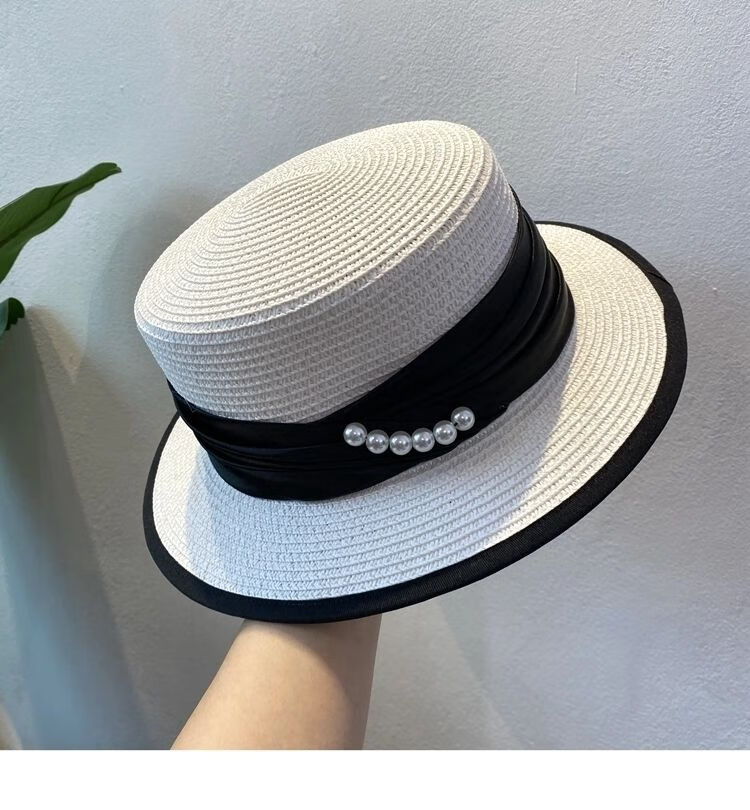 法式优雅气质珍珠平顶白色礼帽女春夏度假遮阳名媛风复古网红草帽白色
