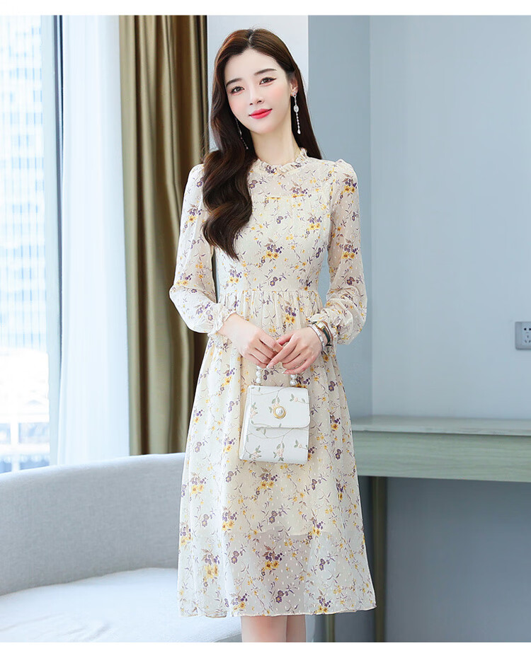 帕彩碎花连衣裙女春秋新款秋款秋装中年气质长袖今年流行裙子 黑色 m