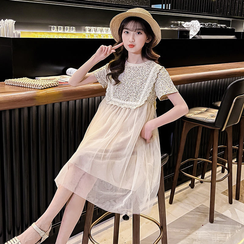 网纱连衣裙2022新款洋气中大童淑女风裙子儿童女孩连衣裙卡其色140