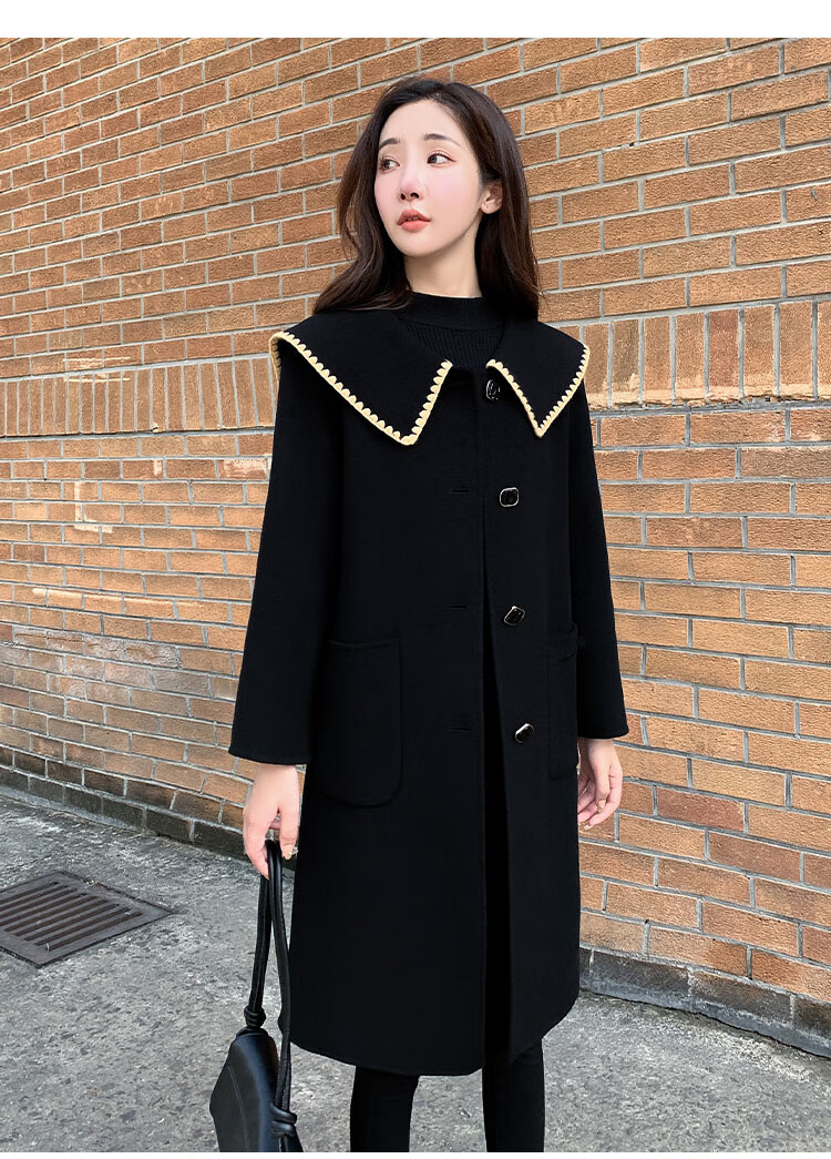 金盾高档品牌【特价捡漏】黑色呢子大衣女中长款年秋冬新款宽松海军领