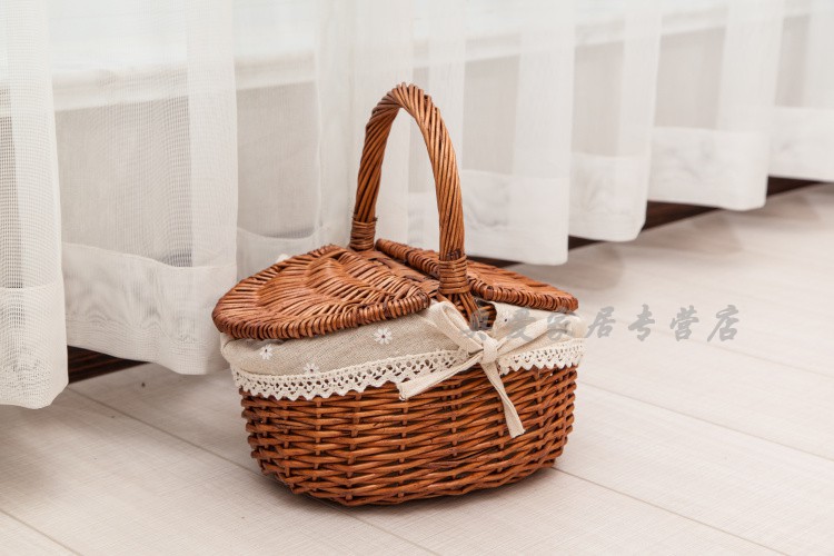 收纳篮野餐篮子带盖藤编手提篮田园编织保洁篮礼品水果购物花篮收纳