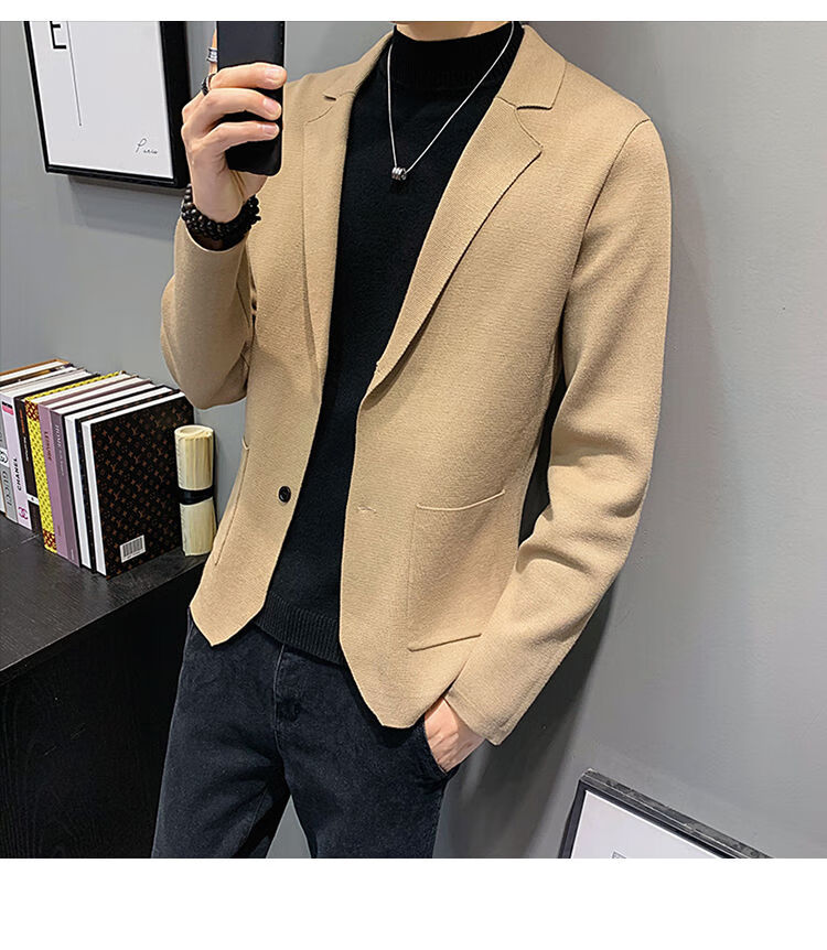 新款休闲针织开衫男士线衣西装领毛衣外套男韩版潮流个性外穿卡其色
