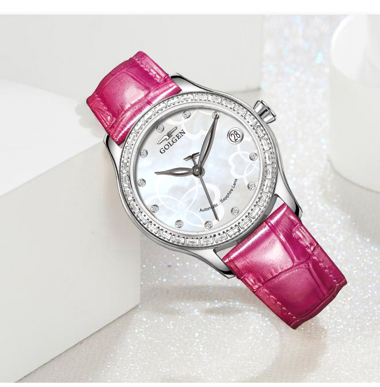 古尊表(golgen)手表女机械表镶钻时尚休闲轻奢时装表 正红色女款gn.