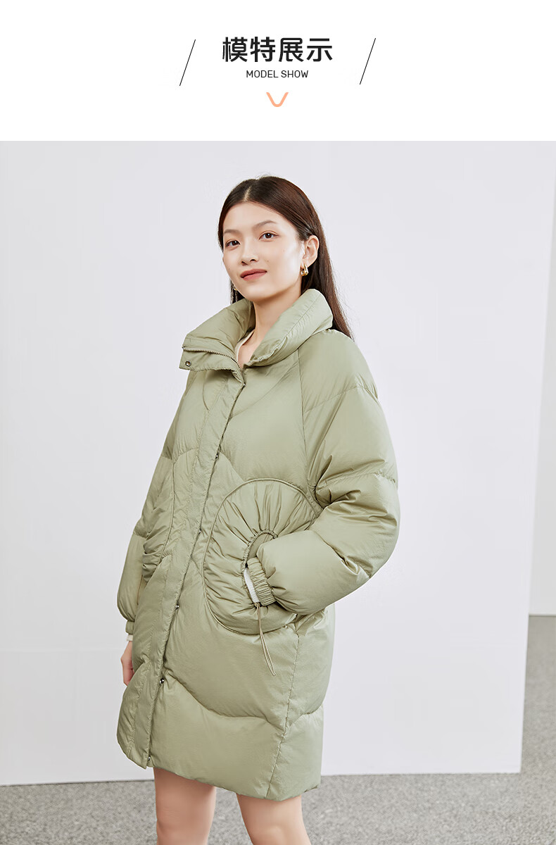 艾莱依2021年新款设计感中长款羽绒服女冬季鸭绒立领圆形几何外套