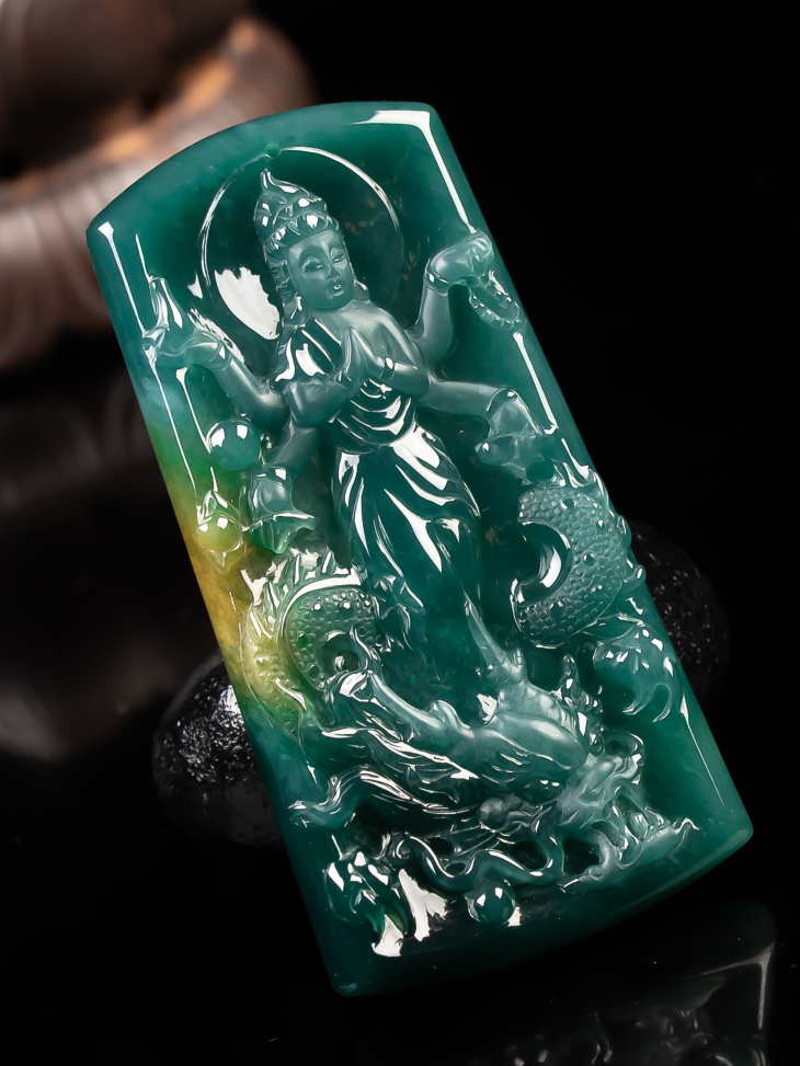 ck翡翠千手观音挂坠挂件 冰糯种双彩黄翡精雕御龙观音玉器小吊坠七夕