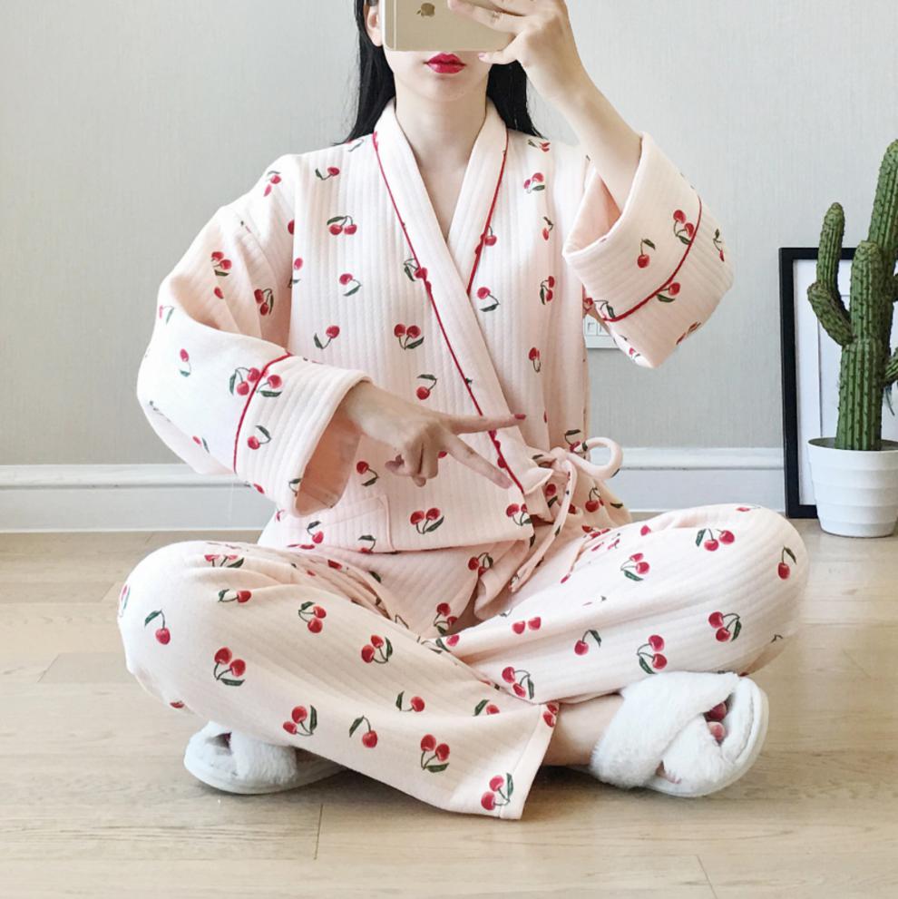 日式纯棉和服睡衣少女宽松女士秋冬季空气层纯棉浴衣加厚款大码保暖