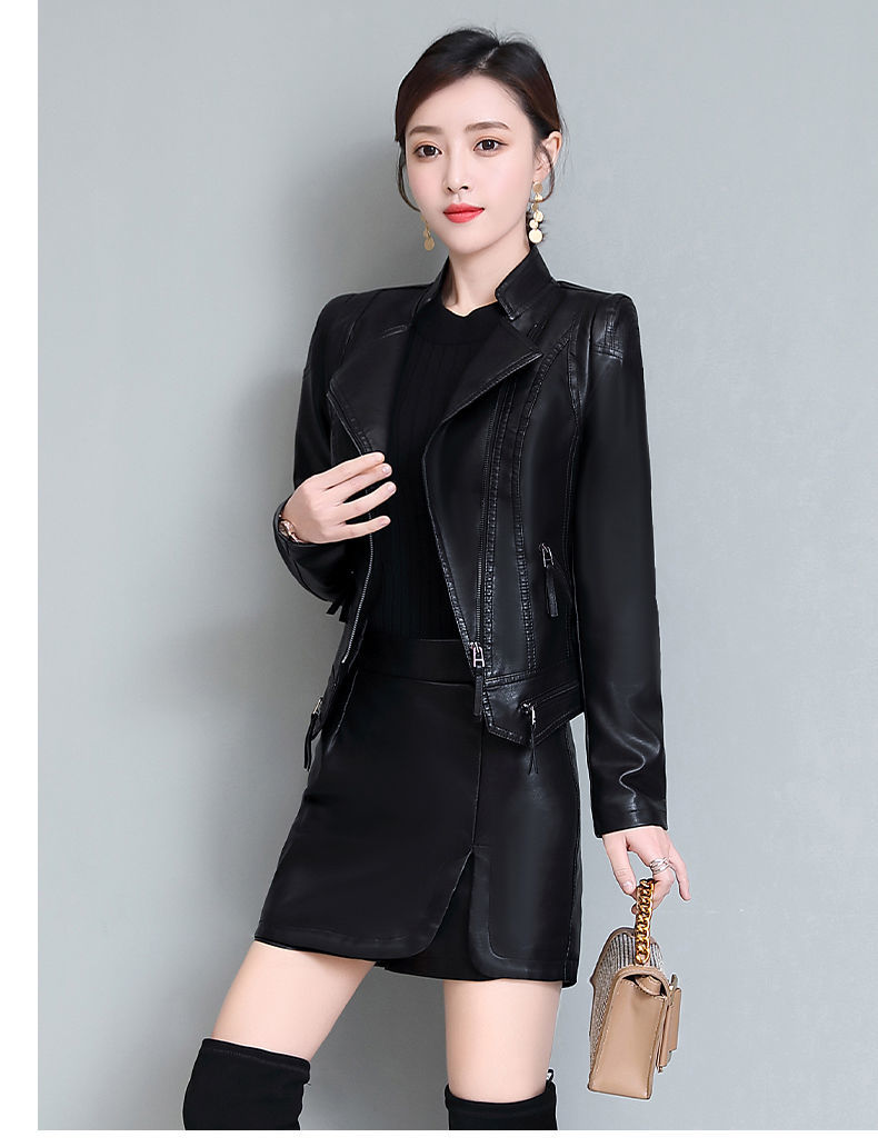2021秋季新款皮衣外套女皮衣皮裤套装新款2021春秋加棉短款修身显瘦小
