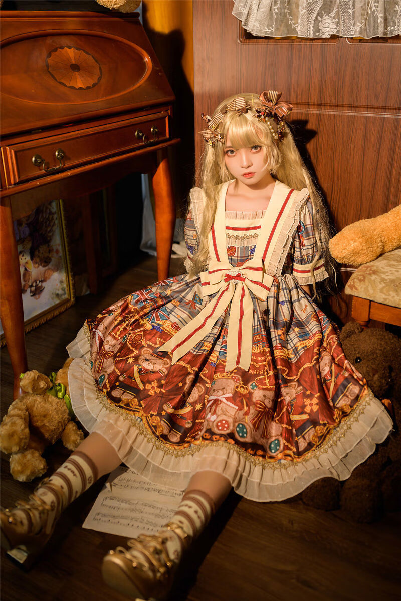 依锦艾胡桃熊lolita洛丽塔洋装短袖op连衣裙女酒红色m