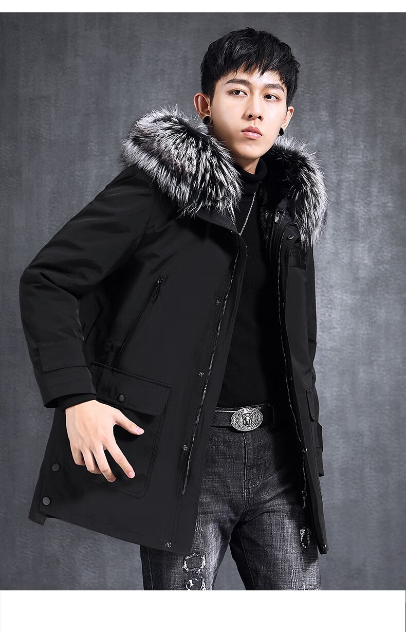 派克服男款中长款皮毛一体真整貂毛水貂皮内胆大衣兔毛皮草冬外套黑色