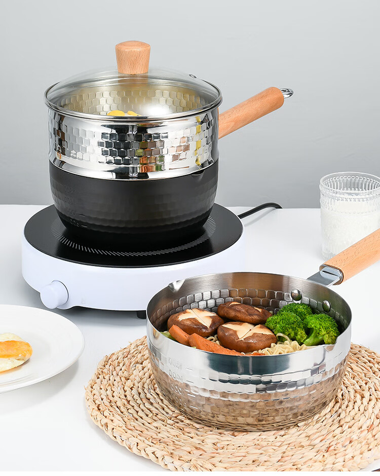 君撷 不锈钢430雪平锅不粘加厚锤纹牛排锅宝宝辅食锅 22雪平锅单锅