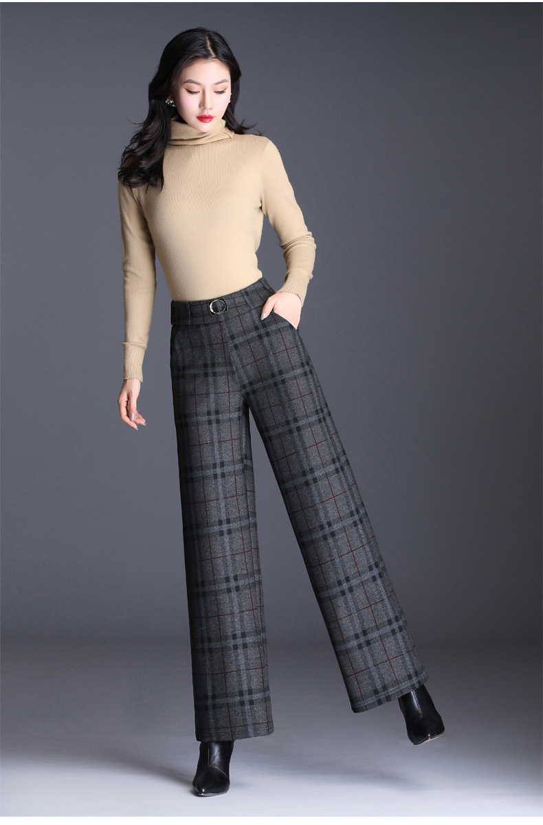冬天穿的毛料阔腿裤女格子毛呢大裤脚秋冬款加厚垂感长裤子宽松大码胖