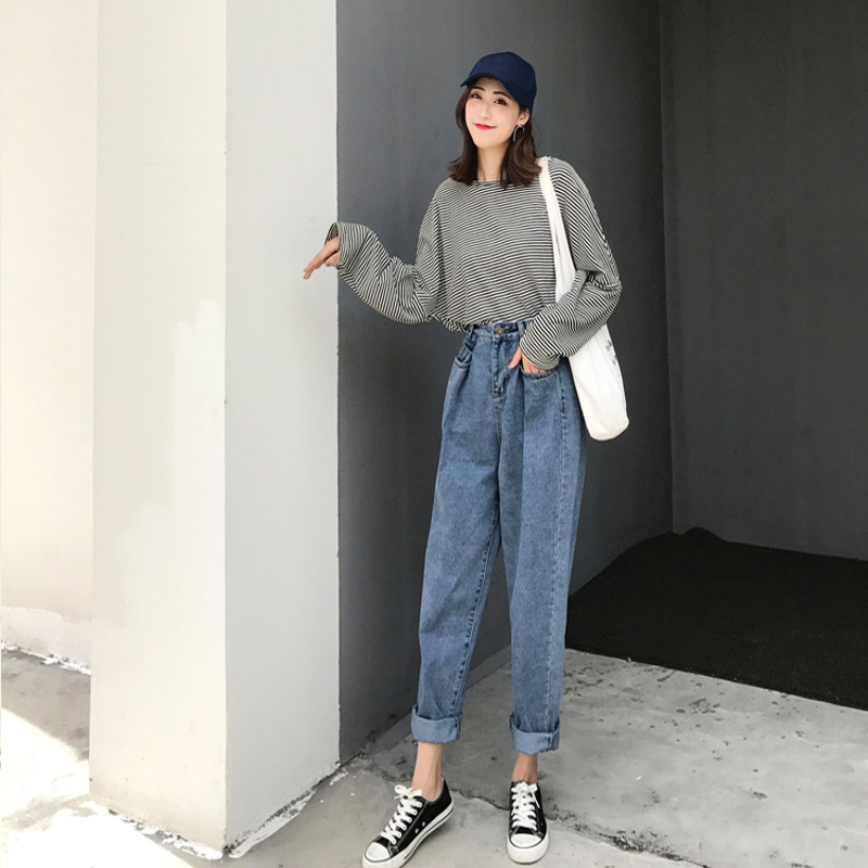 牛仔裤女秋冬款新品牛仔大脚裤女装2019新韩版高腰宽松阔腿风直筒修身
