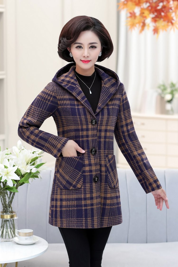 2021春秋季新款中老年女装毛呢外套4050岁妈妈装连帽休闲毛呢褂咖啡色
